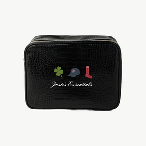 Black toiletry bag with embroidered logos on a white background