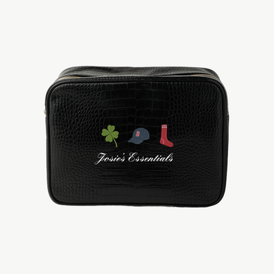 Black toiletry bag with embroidered logos on a white background