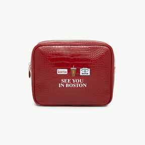 Red textured pouch with 'See You in Boston' text on a white background