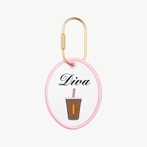 Keychain with 'Diva' and coffee cup design on a white background