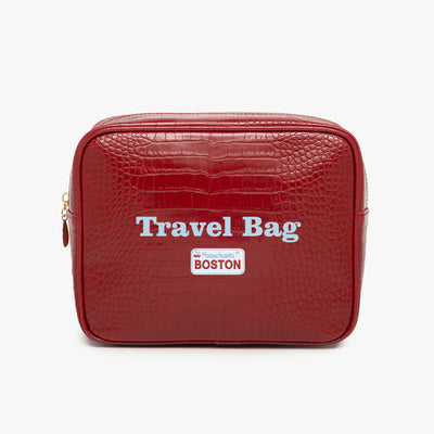 Red travel bag with 'Travel Bag' text and Boston logo on a white background