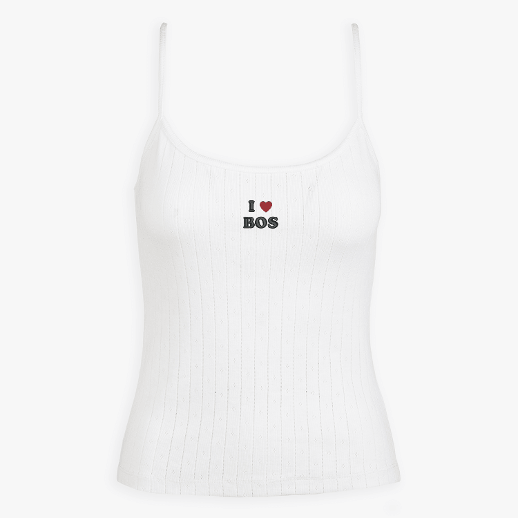 White ribbed tank top with 'I ❤️ BOS' text on a white background