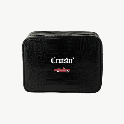 Black leather pouch with 'Cruisin' and car graphic on a white background