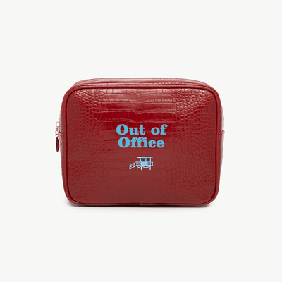 Red pouch with 'Out of Office' text and lifeguard tower icon on a white background