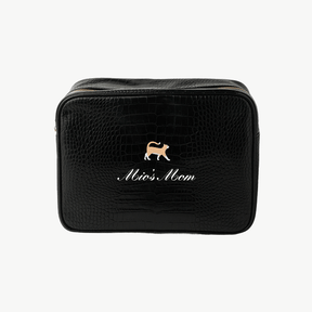 croc pouch with embroidered cat logo and cat's name + "mom"