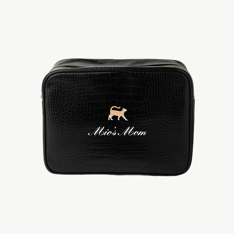 croc pouch with embroidered cat logo and cat's name + "mom"
