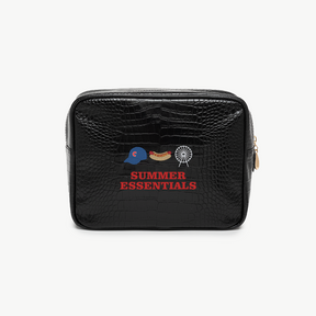 Black leather pouch with 'Summer Essentials' text and graphics on a white background