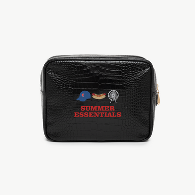 Black leather pouch with 'Summer Essentials' text and graphics on a white background