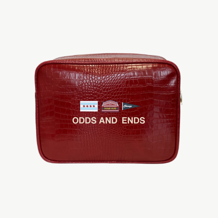 Red textured bag with 'Odds and Ends' text on a white background