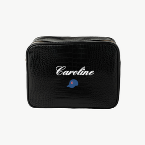 Black textured bag with 'Caroline' and a logo on a white background