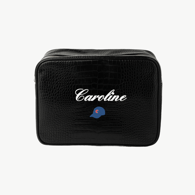 Black textured bag with 'Caroline' and a logo on a white background