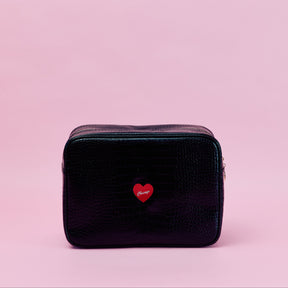 Black rectangular pouch with a red heart and 'Chicago' text on a pink background