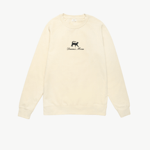 Cream crewneck sweatshirt featuring a small embroidered black cat above the words Dawn's Mom in black  script on the chest. The sweatshirt has long sleeves and a simple, relaxed design.