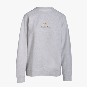 Gray crewneck sweatshirt featuring a small embroidered orange cat above the words Sushi's Mom in black script on the chest. The sweatshirt has long sleeves and a simple, relaxed design.