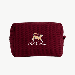 maroon waffle pouch with embroidered cat's name + "mom" text and cat icon