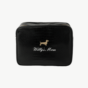 croc pouch with embroidered dog logo and dog's name + "mom"