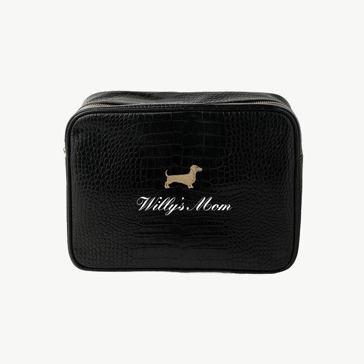 croc pouch with embroidered dog logo and dog's name + "mom"