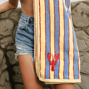 Person holding a striped towel with a lobster design on a rocky surface