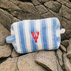 Blue and white striped pouch with a red lobster design on a rocky surface