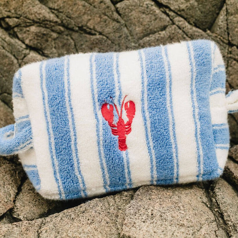 Blue and white striped pouch with a red lobster design on a stone surface