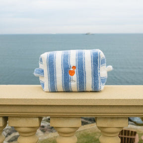 Blue and white striped pouch on a stone ledge by the ocean.