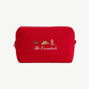 red waffle pouch with embroidered icons and text
