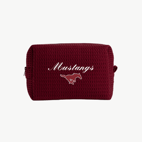 A maroon, waffle pouch with the text Mustangs and a small embroidered SMU Mustangs logo below the name on the front.