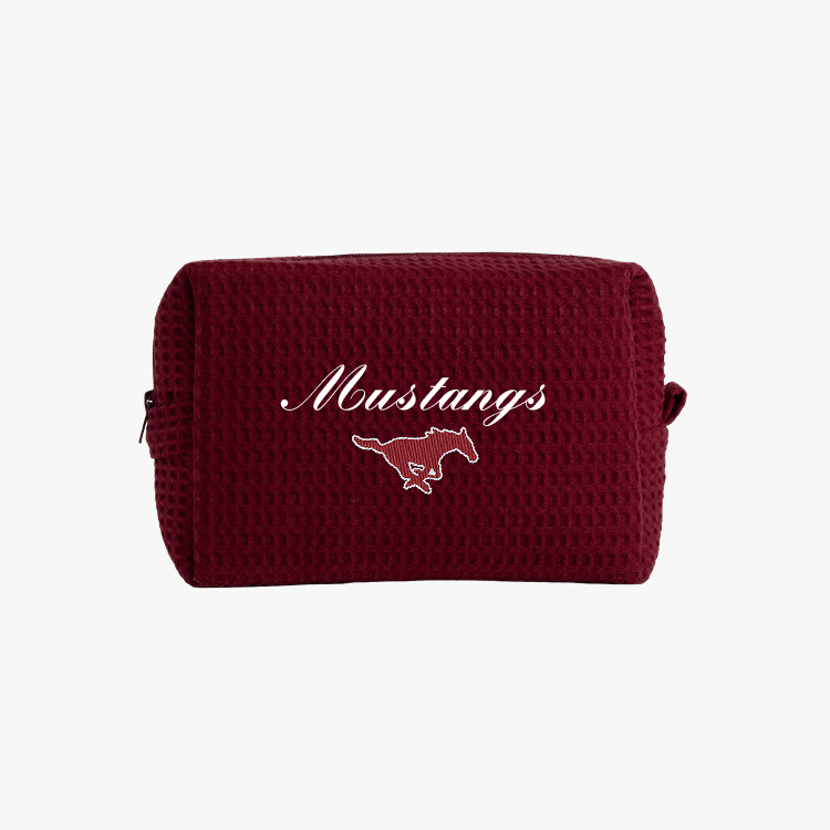 A maroon, waffle pouch with the text Mustangs and a small embroidered SMU Mustangs logo below the name on the front.
