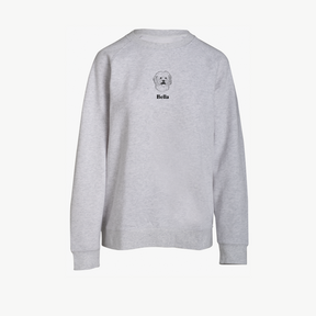 Gray sweatshirt with a dog illustration and 'Bella' text on a white background