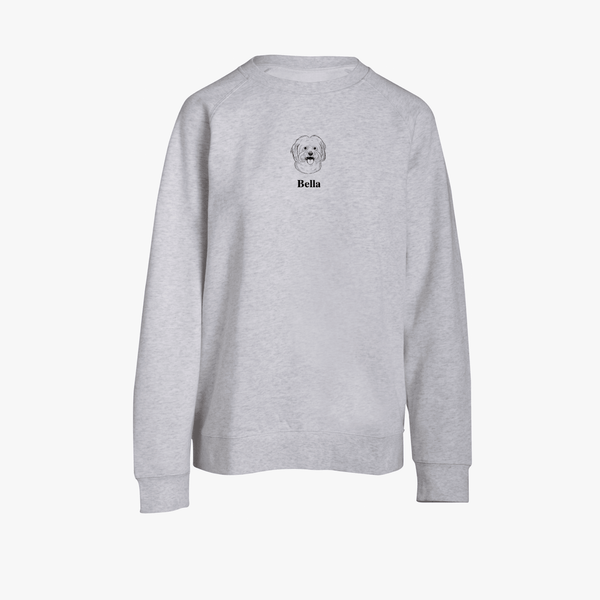 Gray sweatshirt with a dog illustration and 'Bella' text on a white background