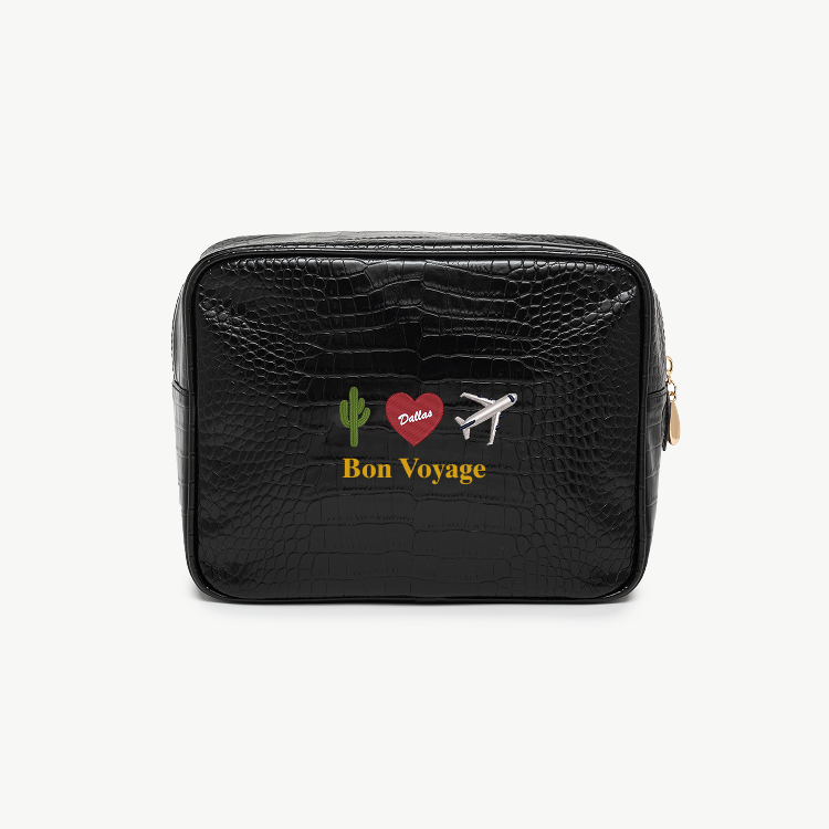Black travel pouch with 'Bon Voyage' text and graphics on a white background