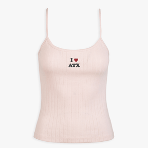 Pink ribbed tank top with 'I ❤️ ATX' text on a white background