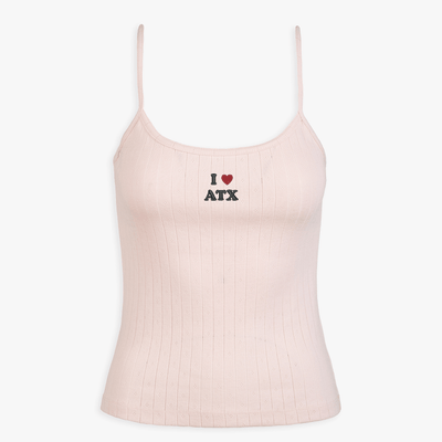 Pink ribbed tank top with 'I ❤️ ATX' text on a white background