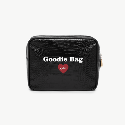 Black goodie bag with 'Goodie Bag Dallas' text and heart design on a white background