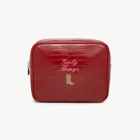 Red pouch with 'Girlly Things' and a boot logo on a white background