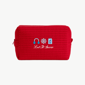 A red waffle pouch with embroidered images of an earmuff, a snowflake, and a ski sign, along with the words Let It Snow  beneath the images.