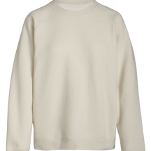 A plain, long-sleeve, off-white crewneck sweatshirt is displayed against a white background. The sweatshirt has a relaxed fit with no visible logos or patterns.