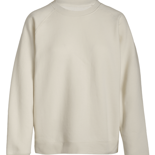 A plain, long-sleeve, off-white crewneck sweatshirt is displayed against a white background. The sweatshirt has a relaxed fit with no visible logos or patterns.