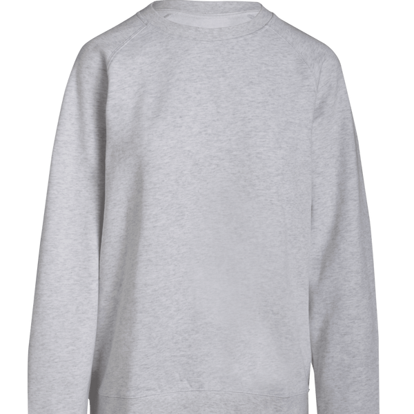 A plain, long-sleeve, gray crewneck sweatshirt is displayed against a white background. The sweatshirt has a relaxed fit with no visible logos or patterns.