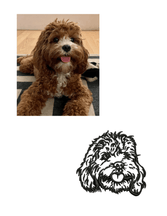A fluffy, brown and white dog with a curly coat lying on a rug is shown above a black and white illustrated version of the dogs face, both with their tongues out and similar expressions.